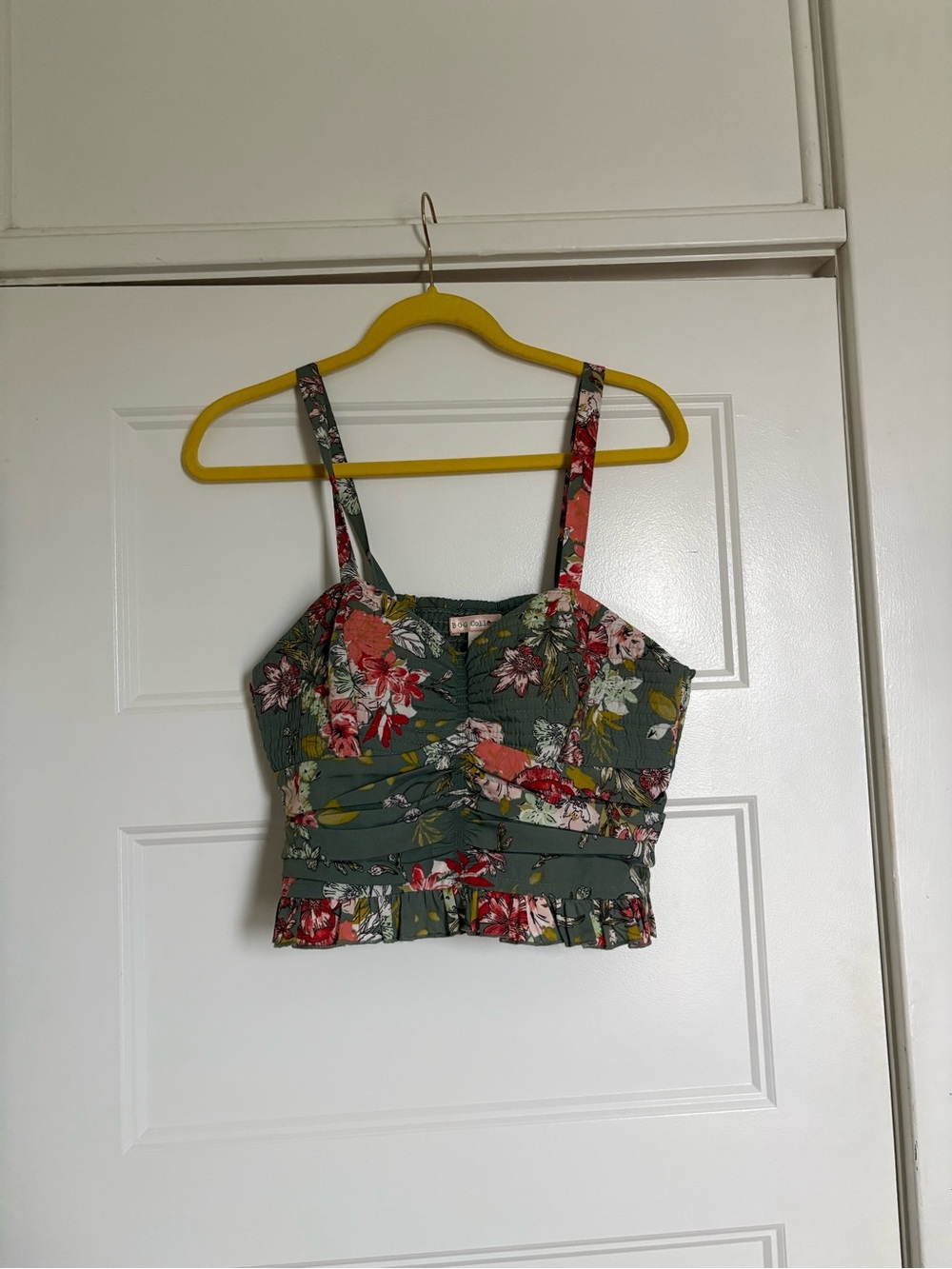 Green Floral Smocked Crop Top with Ruffle Hem